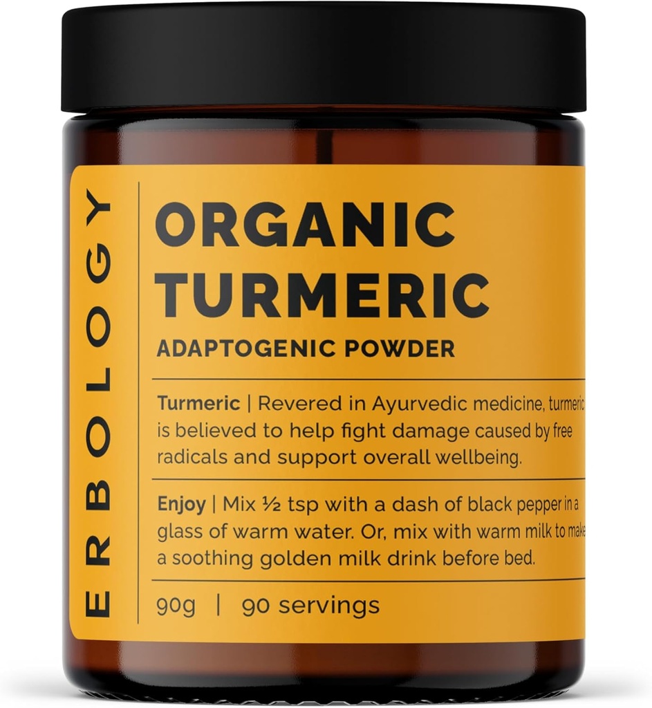 Erbology Organic Turmeric Powder 3.2 oz - 90 Servings - 5.5% Curcumin - No Additives or Preservatives - Udržitelně sourced Straight from Farm in India - Vegan - GMO-Free