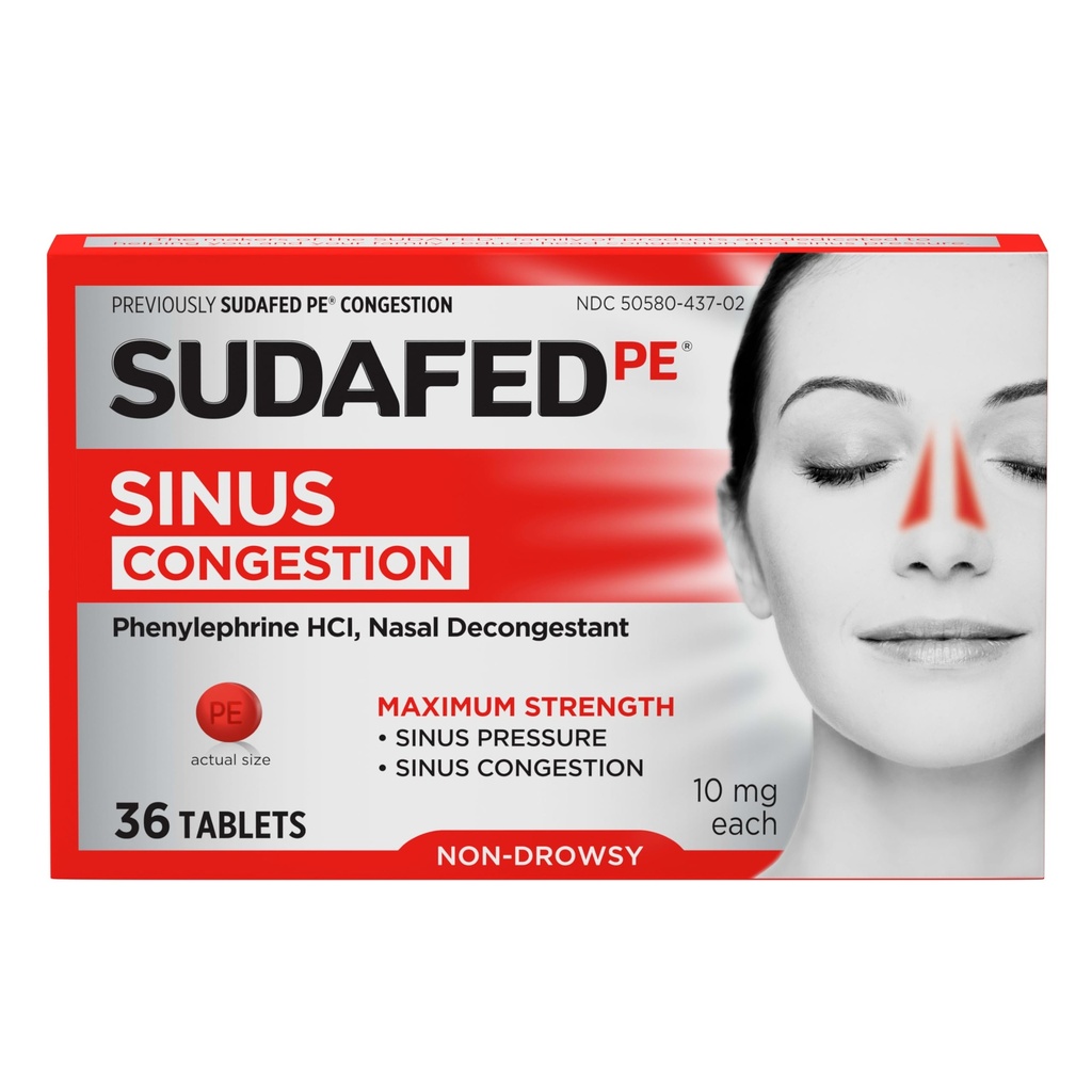 Sudafed PE Sinus Congestion Relief Tablety, Maximální síla, Non- Drowsy 10 mg Fenylephrine HCI Decongestant for Sinus Pressure & Nasal Congestion Relief, Vzhledem k chladu nebo alergie, 36 ct