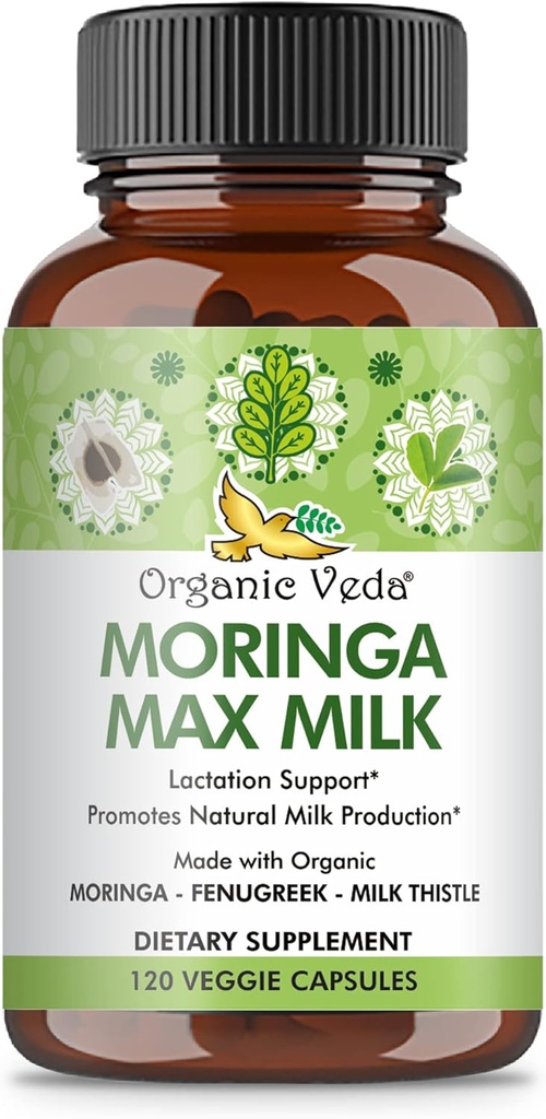 Organic Veda Moringa Max Mléko Kojení dodatek (120 Kapsle) - 1800mg Super Strength Organic Vegan Complex with Fenugreek, Milk Thistle, Moringa Leaf & Seeds for Breastfeeding Mléko Supply