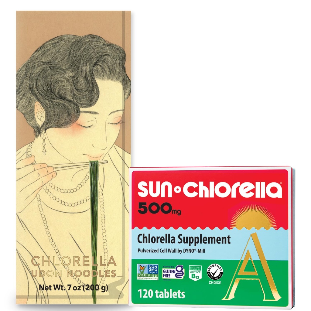Sun Chlorella Green Goods Bundle - 500mg Superfood, Non- GMO 120 Tablet + Udon Nudle Chlorella, připraven vařit, Vegan, Vegetarian 7.8 oz (4 Servings)