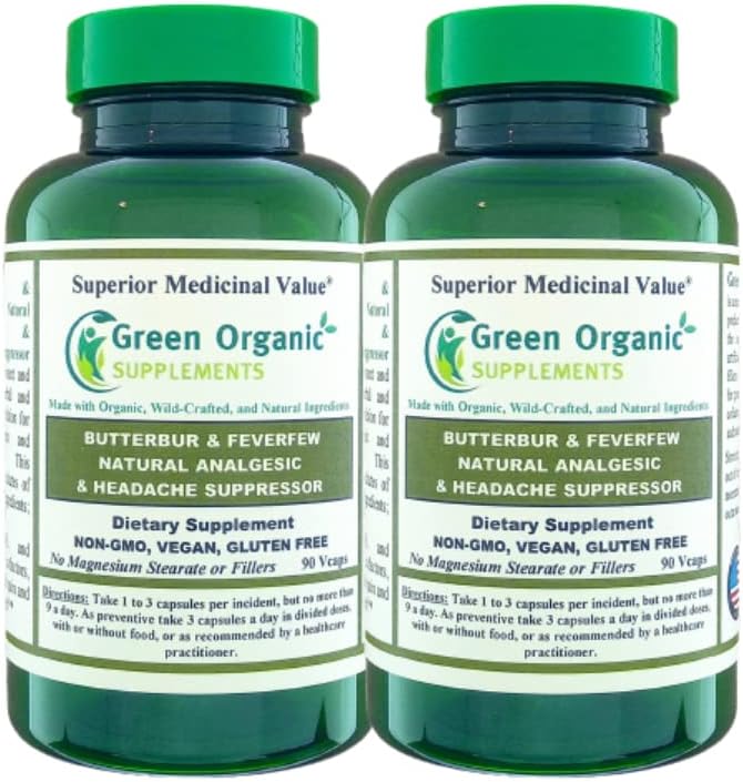 Zelené organické doplňky Butterbur, Fevercourt, analgetický, Pain Killer, a bolest hlavy Dodavatel, 90 VCaps, vysoká absorbovatelná, Non- GMO, gluten- Free (Balení po 2)