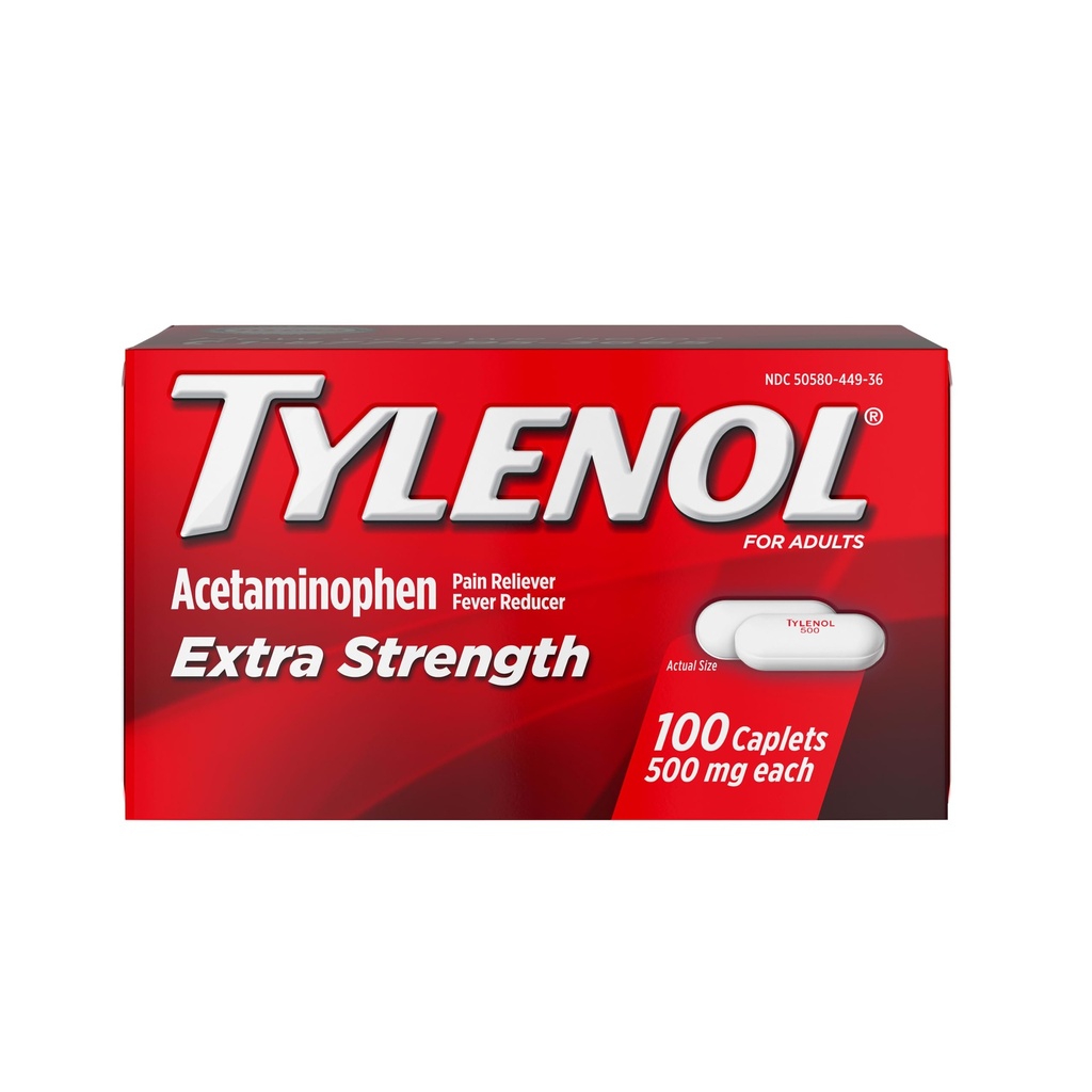 Tylenol Extra Strength Pain Relief Pills, Acetaminophen 500mg Kaplety, Reliever bolesti a horečka Reducer Medicine for Heads, Backup, Bolest zubů & Menší artritida, 100 Počet lahví