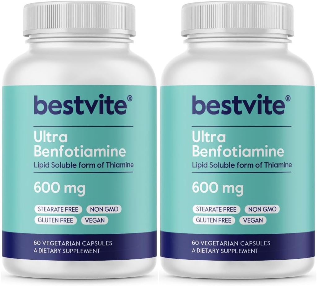 Ultra Benfotiamin 600mg na kapslí (120 Vegetariánských kapslí) (60x2) No Stearates - No Silicon Dioxide - Vegan - Non GMO - Gluten Free - Maximální síla Benfotiamin