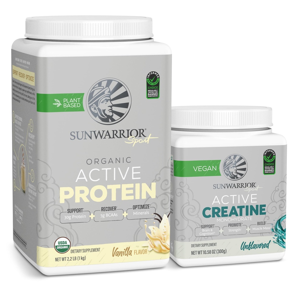 Sunwarner Creatine Powder & Vanilla Active Organic Protein Powder Set 124; Bundle & Save Out 124; Vegan Protein Plus Neochucené Creatin Monohydrát (60 Služeb Neochucené, 20 Služeb Vanilla)