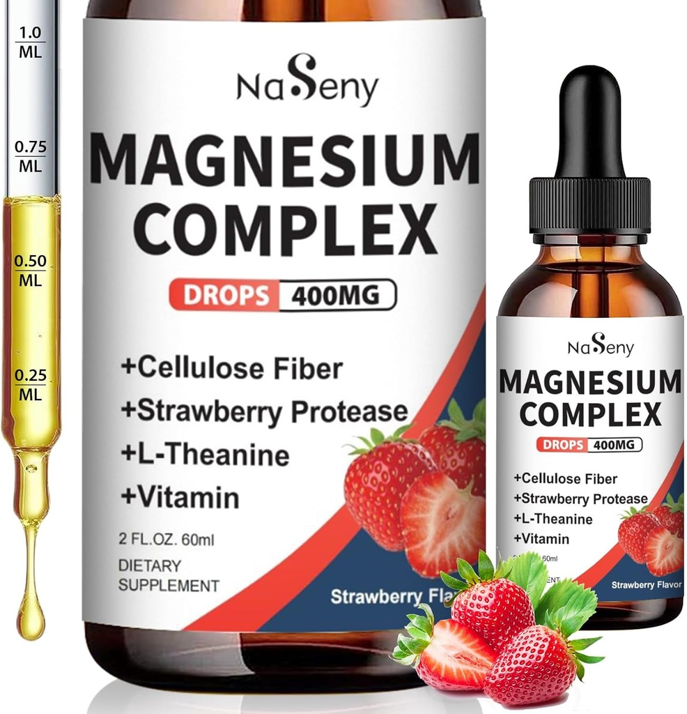 Glycinát hořečnatý tekutý 400mg, vysoce absorpční komplex hořčíku s vitaminem B6, D, C na podporu spánku, svalů, nervové zdraví, non-GMO gluten zdarma Vegan (2 Fl Oz / Jahoda)