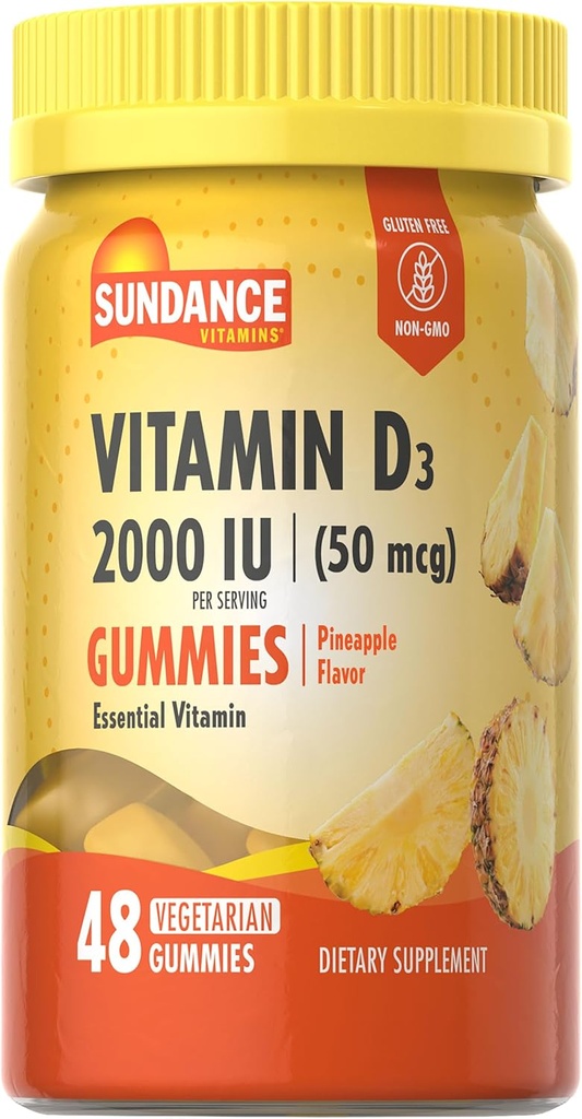 Sundance Vitamin D3 Gummies PHAR124; 2000 IU PHARMAN 124; 48 Count GARMAN 124; Ananas Flavor GARMAN 124; Vegetarian, Non- GMO, a gluten zdarma dodatek