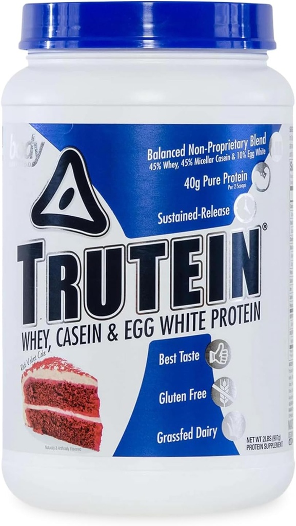 Body Nutrition Trutein High Protein Powder: 45% syrovátka, 45% kasein, 10% Vejce bílá, gluten- Free, Nízký sodík, Tráva Fed syrovátkový prášek, Gym dodatek & Breakfast Shake, Red Velvet Cake, 2lb