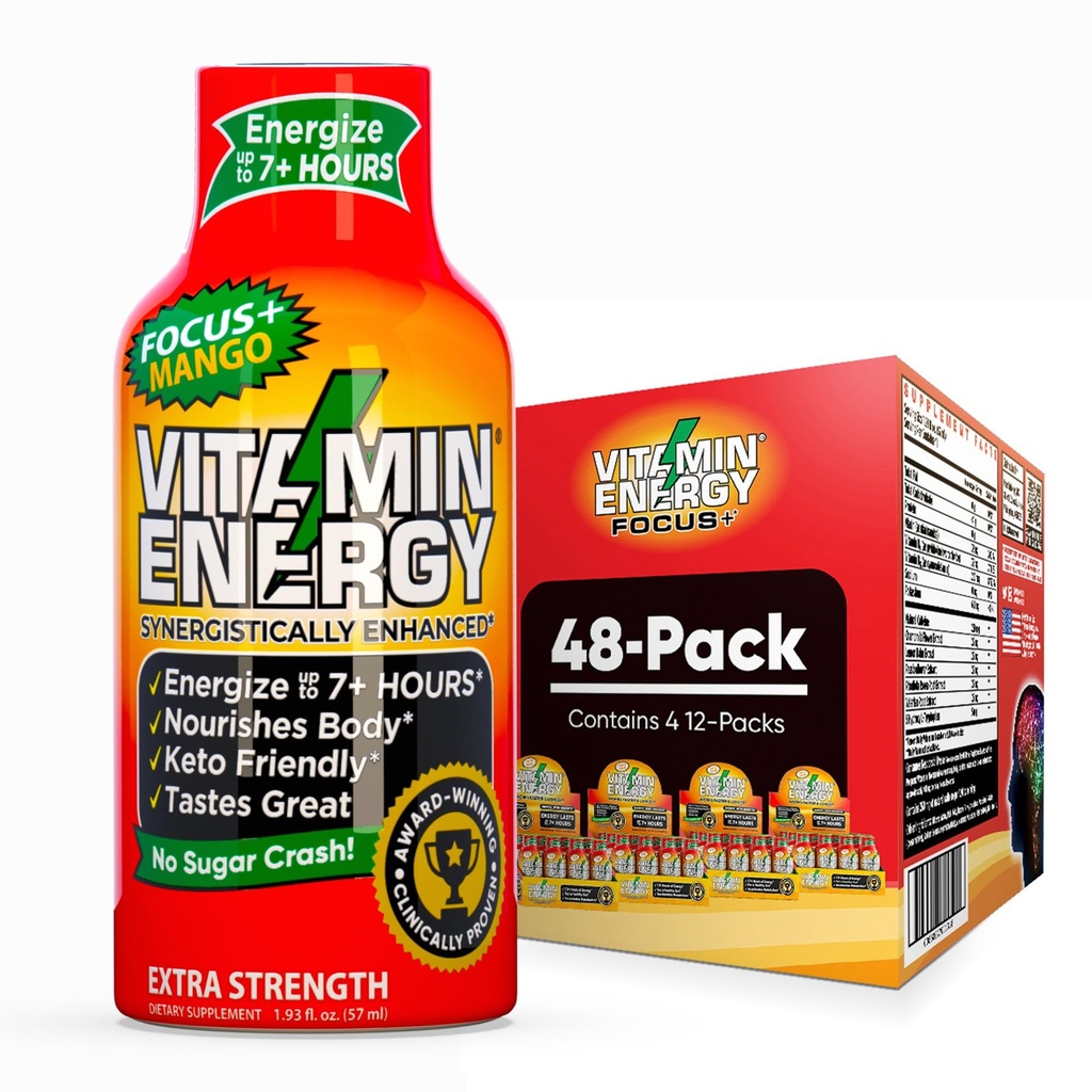 Vitamin Energy Focus + Extra Síla Energy Shot Mango 48 Pack, 260mg přírodní kofein, B-vitaminy, CoQ10, aminokyseliny, Focus, Productivity & Clarity, Nulový cukr, gluten- Free, 1.93 fl oz