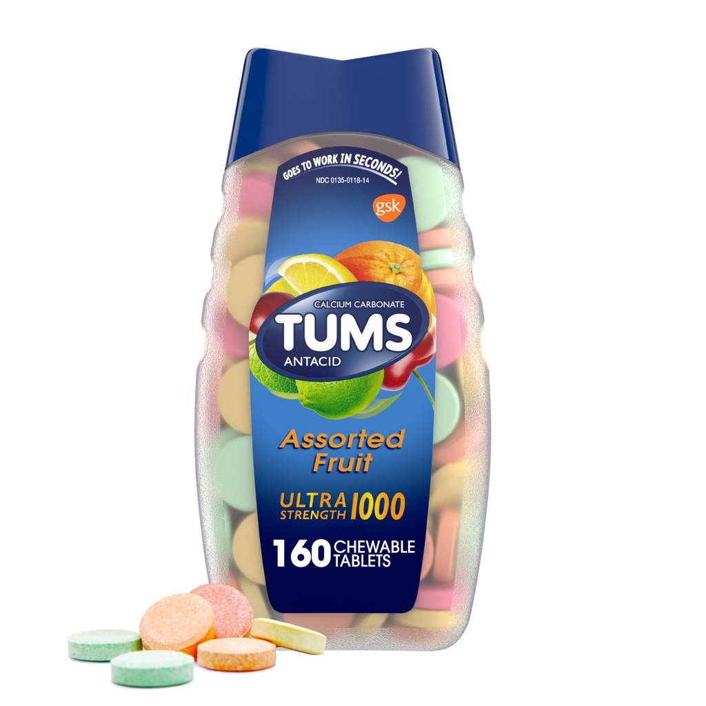 TUMS Ultra Strength Antacid Tablety pro Žvýkací srdce a kyselé požití Relief, Tříděné ovoce - 160 Počet
