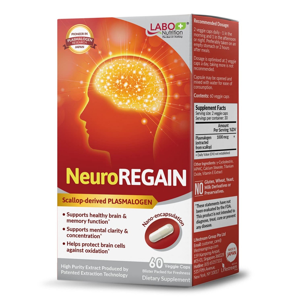LABO Nutrition NeuroREGAIN - Skallop- odvozené PLASMALOGEN pro deteriaci mozku, paměť, bdělost, učení, soustředění a jiné kognitivní funkce - vhodné pro seniory, dospělé muže a ženy