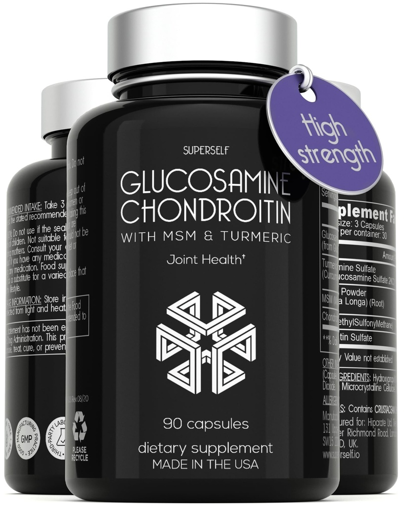 Glucosamine Chondroitin MSM s kurkumou - Společná podpora vysoké síly pro dospělé muže a ženy - 90 Kapsle - 1500mg Glucosamine Sulfát per Serving