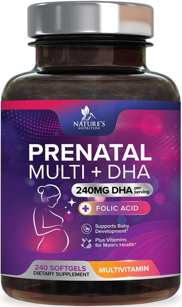 Prenatální vitaminy s kyselinou listovou & DHA, Podpora vývoje plodu s folátem & Omega 3 je, Prenatal Multivitamin pro ženy, Vitamin A, C, D, B6, B12 & železo, dodatek k těhotenství - 240 Softgels