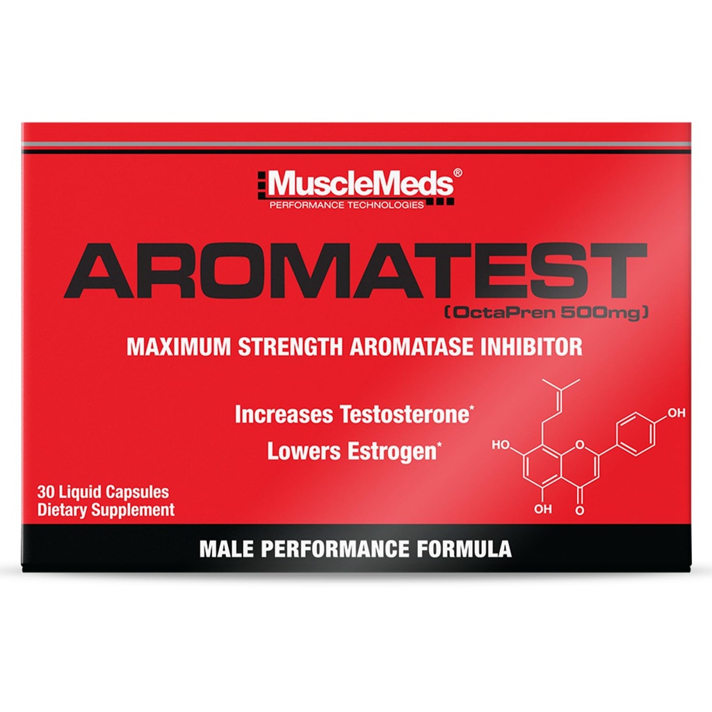 MuscleMeds AROMATEST Testosteron Booster & Aromatase Inhibitor, Lowers Estrogen, Podporuje budování svalů a sílu, Antiaging Hormon Náhrada pro muže, 30 Tekuté čepice