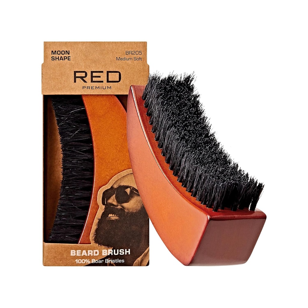Red by Kiss Beard kartáč se 100% přírodní kanec Bristles pro muže, Premium dřevěný kartáč, vousy kníry grooming holení Comb, Tame a měkký obličeje vlasy (MOON SHAPE)