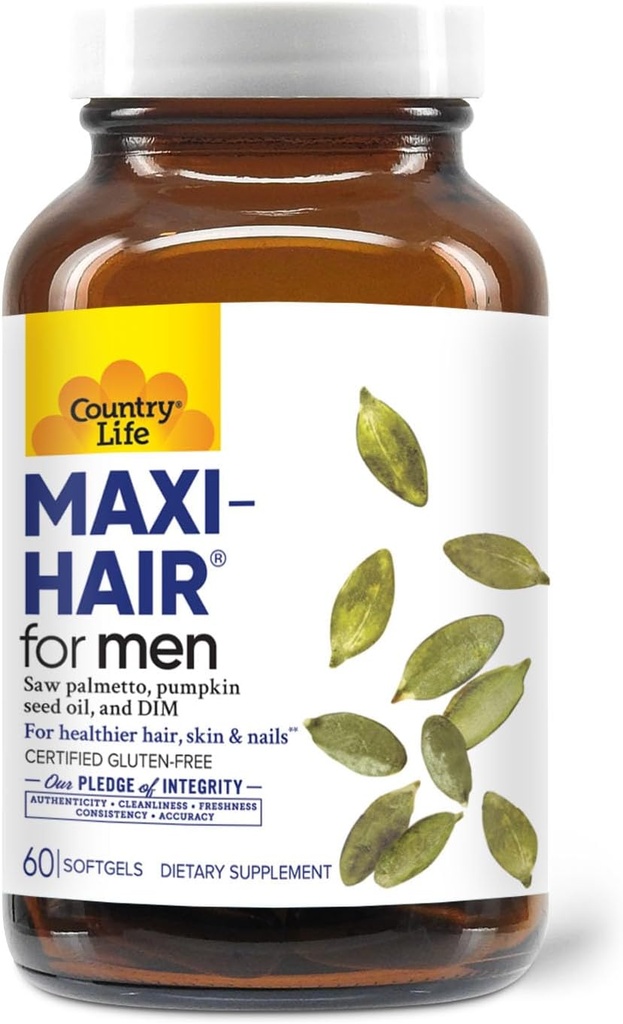 Country Life Maxi- Vlasy pro muže - 2000mcg Biotin, Saw Palmetto, dýňový olej, DIM, draslík, hořčík, vápník a zinek - Podporuje zdravější vlasy, skalp, kůže a hřebíky, 60 Vegan Kapsle