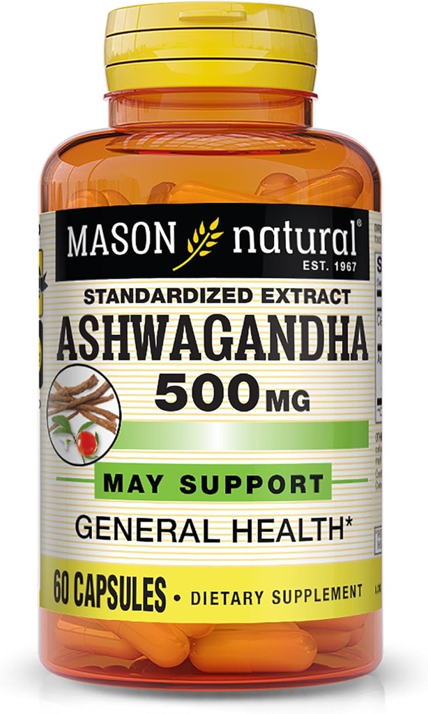 Mason Natural Ashwagandha 500 mg, Adaptogen pro podporu stresu a energie, Bylinný dodatek, 60 denní dodávka