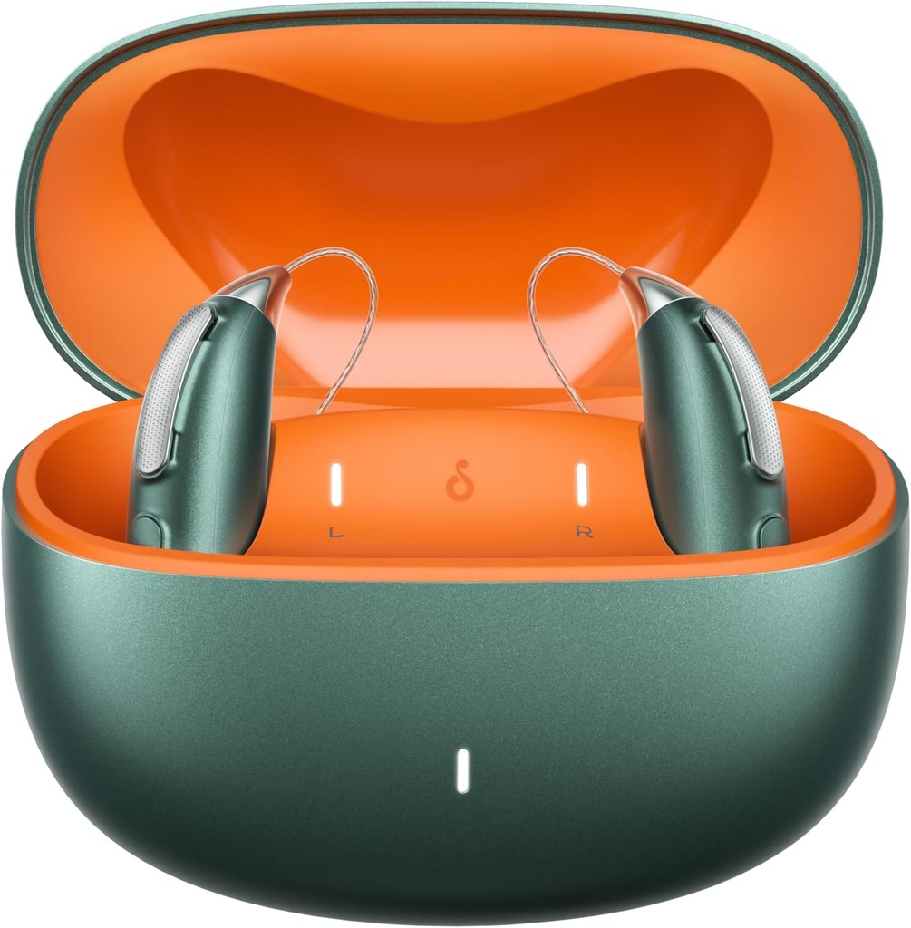 Nabíjecí Bluetooth sluchová pomůcka pro mírnou až těžkou ztrátu sluchu - OTC - Smart Fitting - RIC (receiver- in- Canal) Design with Noise Reduction - Includes Charging Box, Green