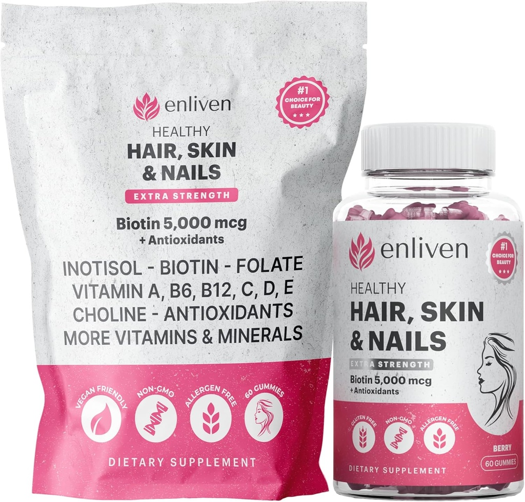 Enlivent Biotin Gummies for Hair Growth & Strong Nails CLAS124; 5000mcg Biotin + Inositol, Kolagen Support CLAS124; Kožní vitamíny pro ženy a muže CLAS124; Berry Flavor CLAS124; Veganský vlasový kožní hřebík dodatek CLAS124; 60 Gummies