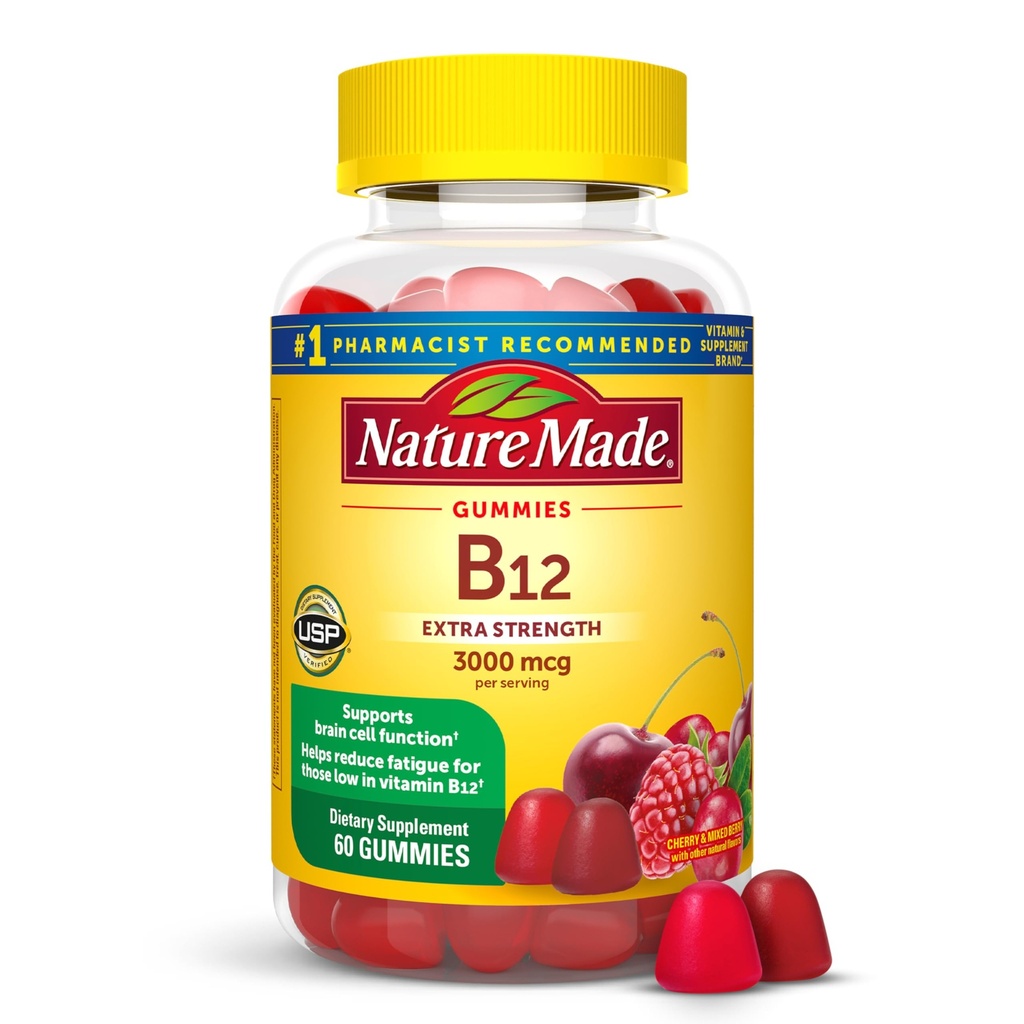 Nature Made Extra Strength Vitamin B12 Gummies, 3000 mcg na porci, B12 Vitamin dodatek pro podporu metabolismu energie, 60 Gummy Vitamíny, 30 Den Dodávka