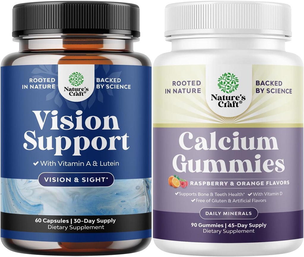 Svazek kompletního doplňku pro zdraví dospělých - Lutein 20mg per Serving for Vision & Blue Light Protection with Beta Caroten and High Absorption vápníku Gummies with Vitamin D3 for Bone Health
