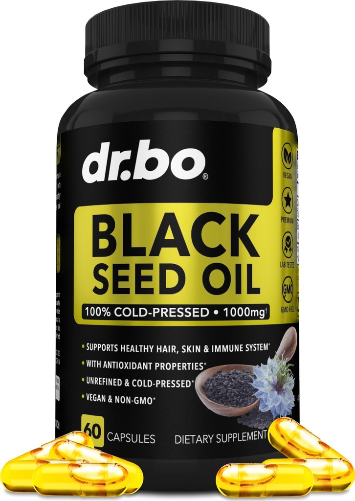 Black Seed Oil Kapsle Vegan - Čisté studené lisované černé Seed Oil Nigella Sativa Cumin pro zdraví pokožky a vlasů, 500mg, 1000mg per 2 Kapsle Servis Černým semínkem tekuté Kapsle Halal - 60 Softgels pilulky