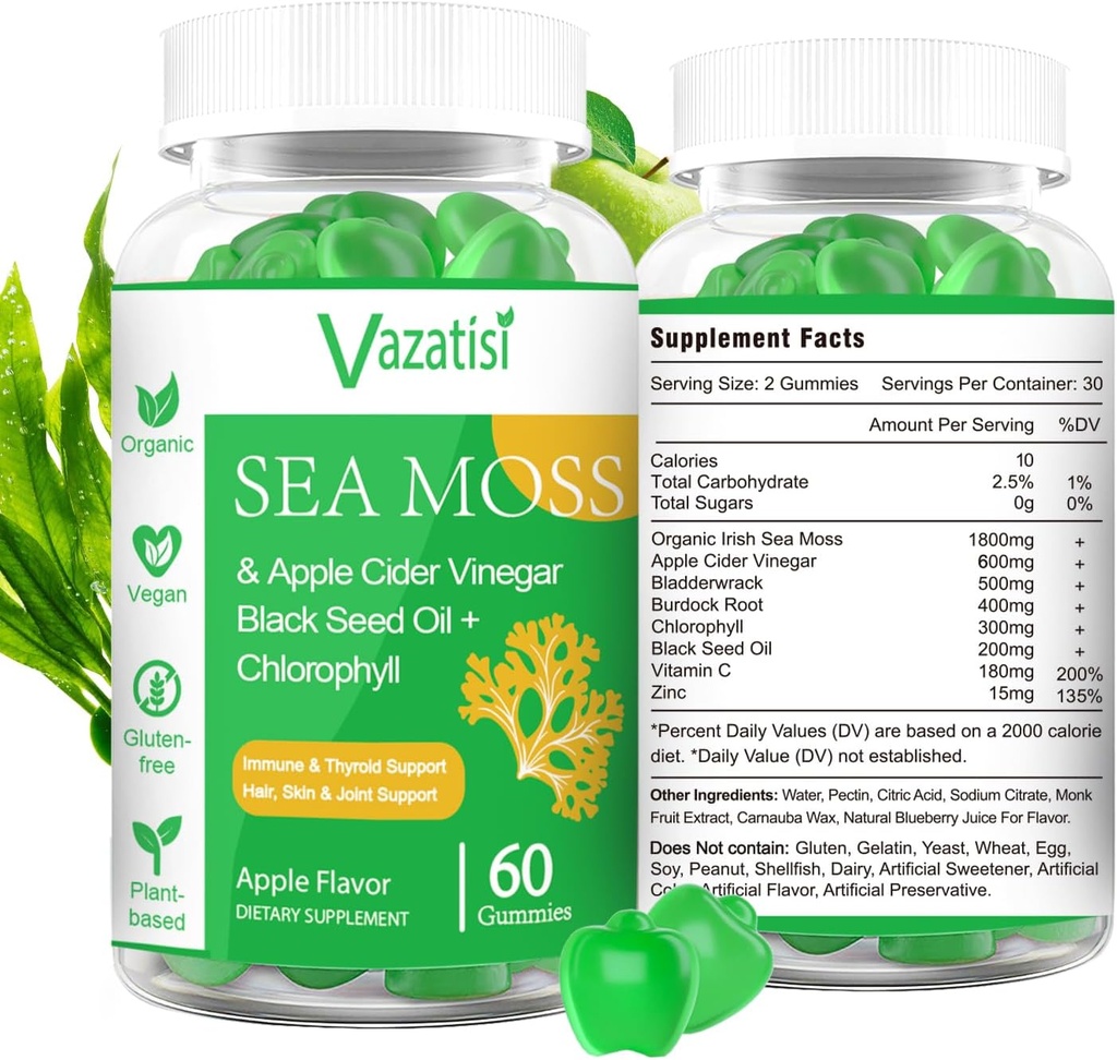 2 Pack Organic Irish Moss Gummies with Black Seed Oil, Chlorofyl - štítné žlázy, mood, Energie & Imunitation Support - Ženy & Muži, Dospělí & Kid - 120 Veganské gumy
