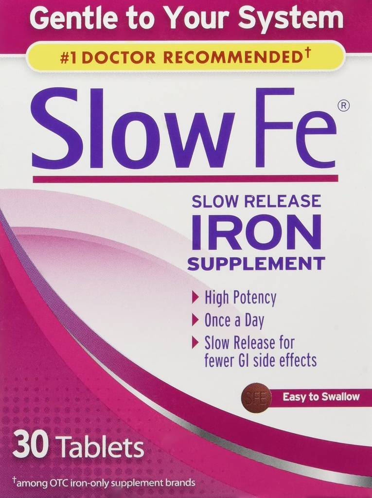 Slow Fe Iron Supplement - Tablety s pomalým uvolňováním, vysoká účinnost, jemný na vašem systému, 30 Tablet (balení po 3)