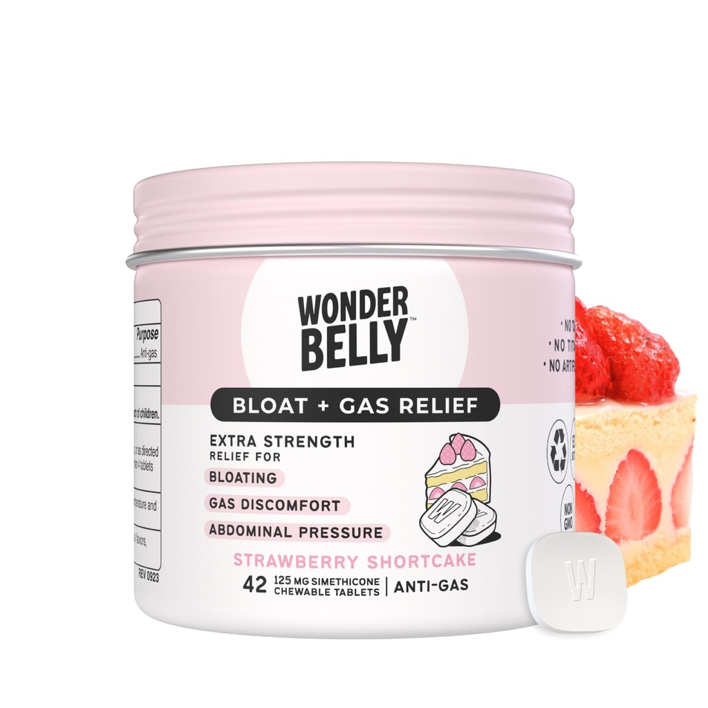 Wonderbelly Bloat + Gas Relief, Extra síla Žvýkací tablety, s 125 mg Simethicone, No Talc nebo Barvy, Jahodový koláč, 42 Počet