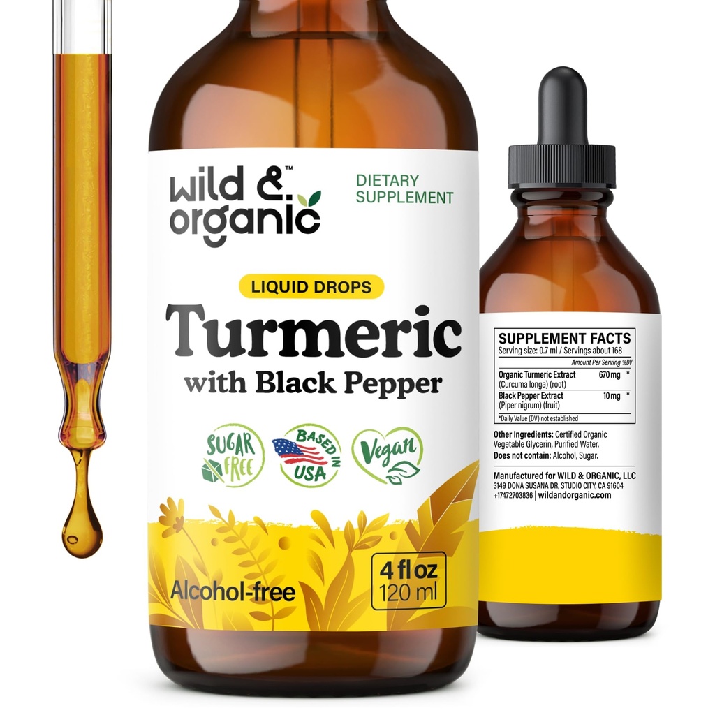 Wild & Organic Turmeric Tincture - Kurkumin s černým pepřovým extraktem - Dodatek k podpoře mobility - Kurkumin kořenové kapalné kapky - Vegan, Cukr & Alcohol- Free - 4 fl oz
