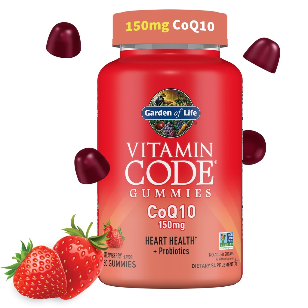 Vitaminový kód zahrady života CoQ10 Gummies 150 mg, koenzym Q10 pro zdraví srdce, výroba energie a zdravé stárnutí + prebiotika a probiotika pro potravu, Non- GMO, gluten- free, 60 Jahodové gumy