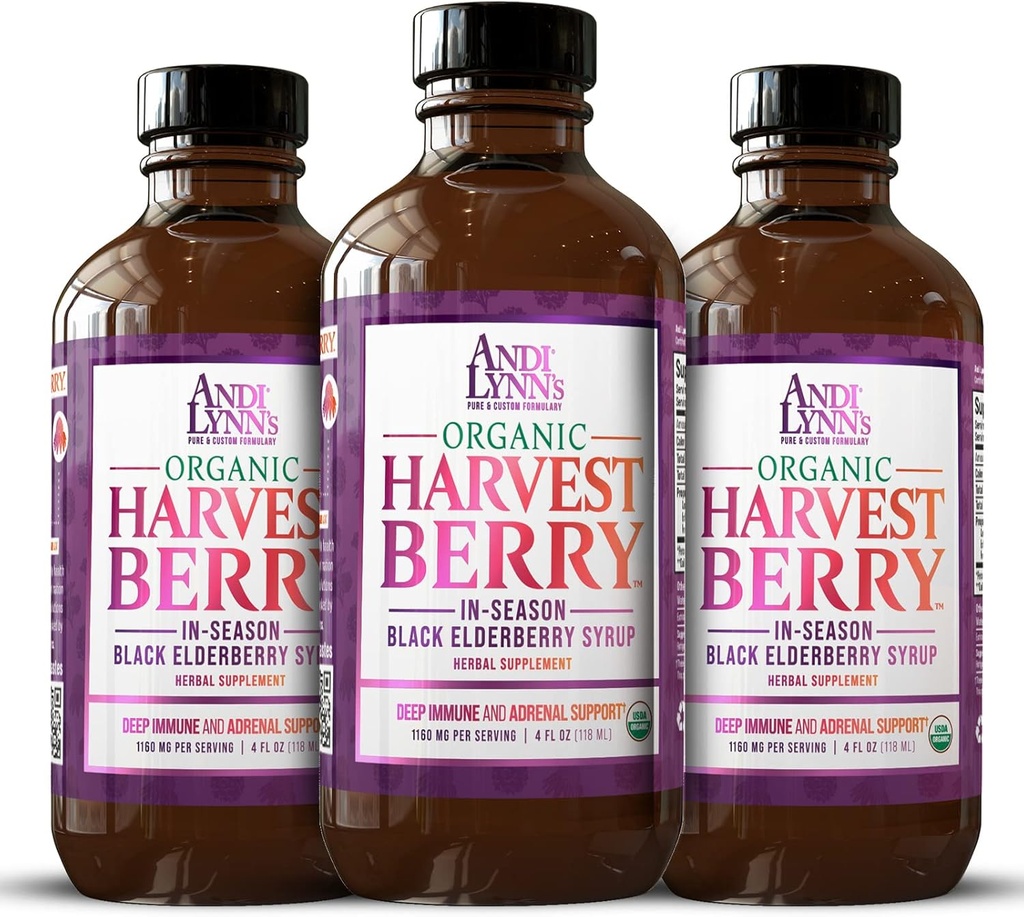 Andi Lynn 's Organic Harvest Berry Syrup pro děti a dospělé - Real Honey Elderberry Syrup for Immunology Support - Terapeutická formule - 4 Fl. Oz (balení po 3)