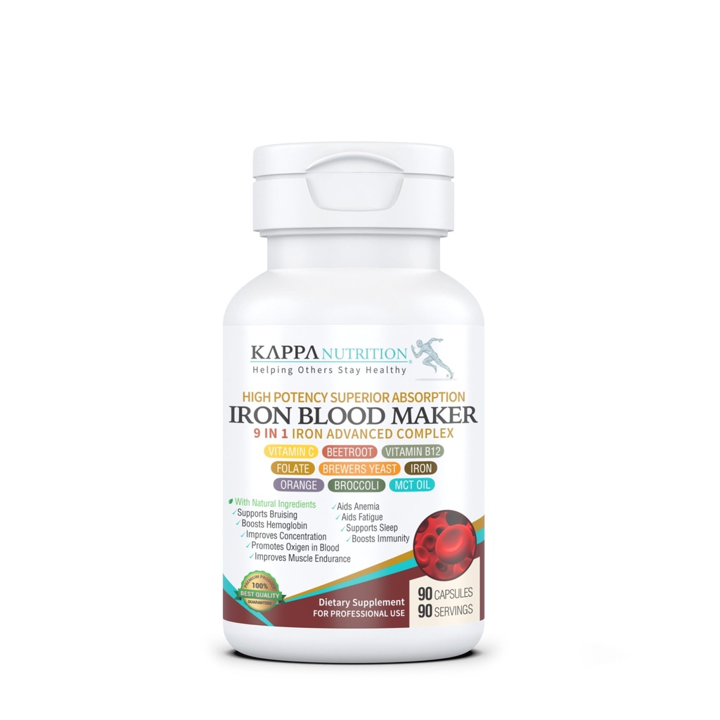 KAPPA NUTRITION Iron 26mg, Vitamin C & Orange 150mg, Folát 667mcg DFE, Vitamin B12, Beetroot, Brewers Yeast, Brokolice & MCT Oil 9 v 1 pokročilém komplexu (90 Kapsle)