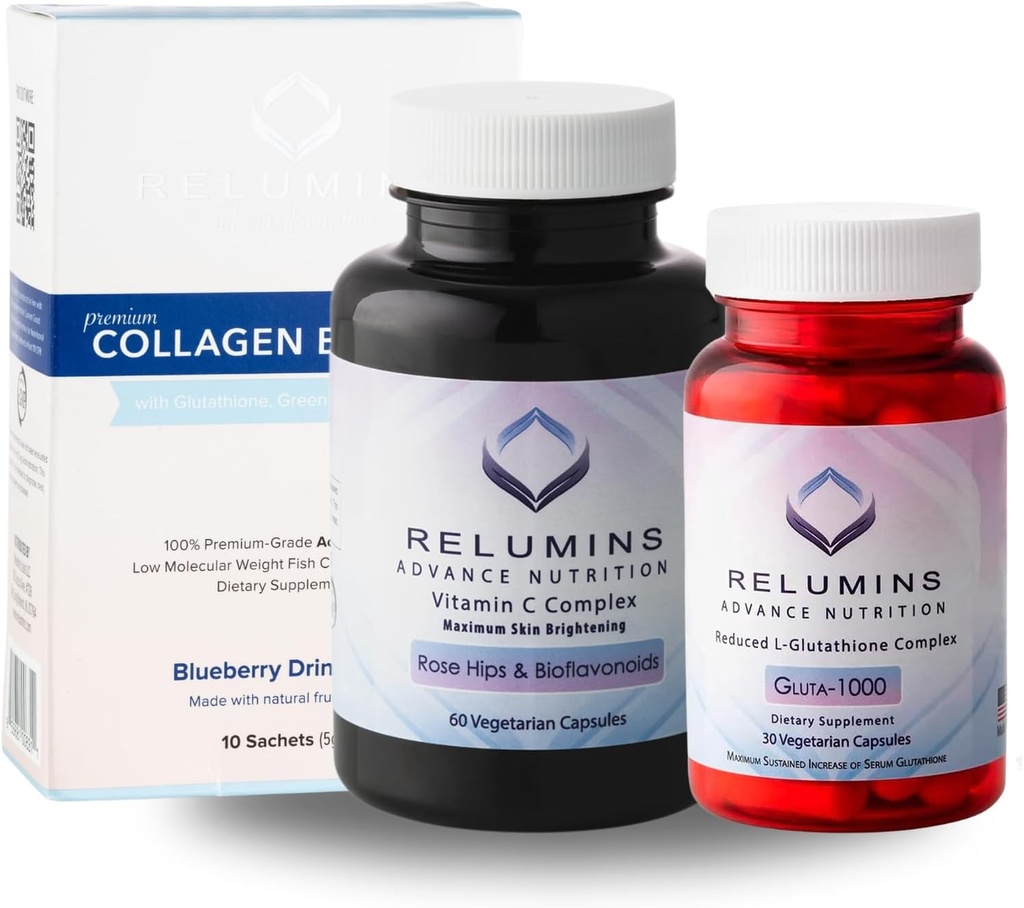 Relumins Premium Summer Glow Set - Collagen Blueberry, Glutathione 1000mg & Vitamin C - Antioxidant Support for Skin Health & Celk Wellness - 3-in-1 Beauty & Wellness Kit