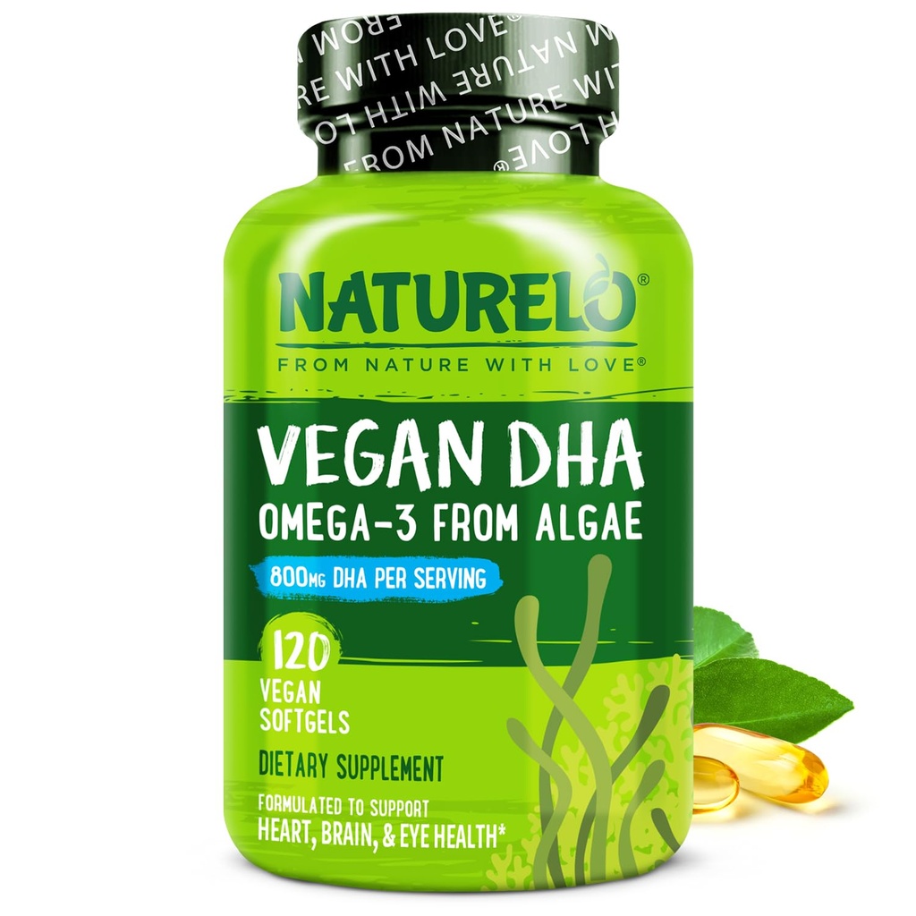 NATURELO Vegan DHA - Omega 3 olej z řas - dodatek pro mozek, srdce, kloub, oční zdraví - Poskytuje esenciální mastné kyseliny pro ženy muže a děti - Doplňuje Prenatální vitamíny - 120 Softgels
