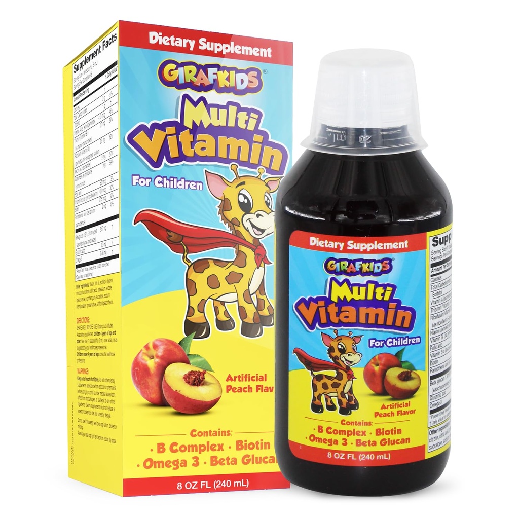ŽirafKids Liquid Multivitamin pro děti ve věku 4 +, 8oz - Denní dětské vitamíny s biotin, vitamín A, B komplex, kyselina listová, Omega33 & Beta Glucan - dodatek stravy pro děti růst a energii