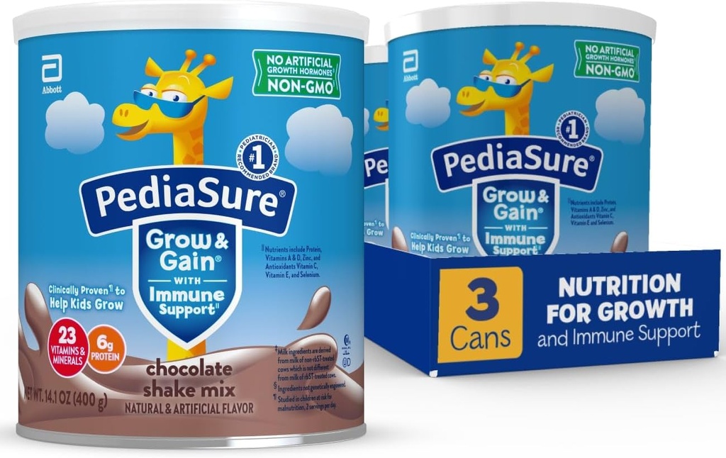PediaSure Grow & Gain s imunitní podporou Shake Mix Powder, 23 Vitamíny & Minerály, 6g Protein, Non- GMO, gluten- Free, čokoláda, 14.1 oz plechovka, Balení 3-24 porcí