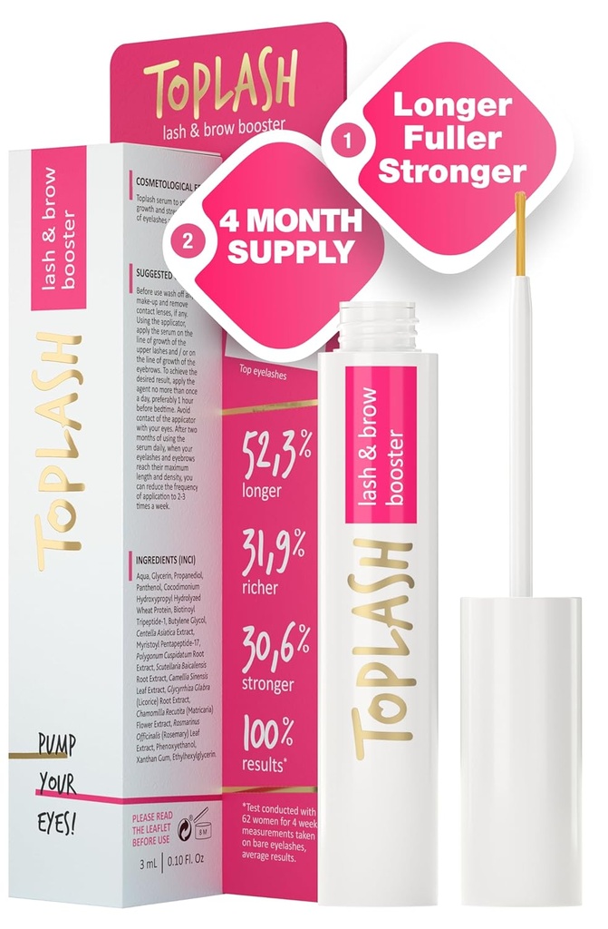 TOPLASH Eylash Growth Serum - Inovativní vzorec pro delší, silnější, plnější obočí a řasy - přírodní, Cruelty- Free & Hypoalergenní - 0.10 fl.oz.