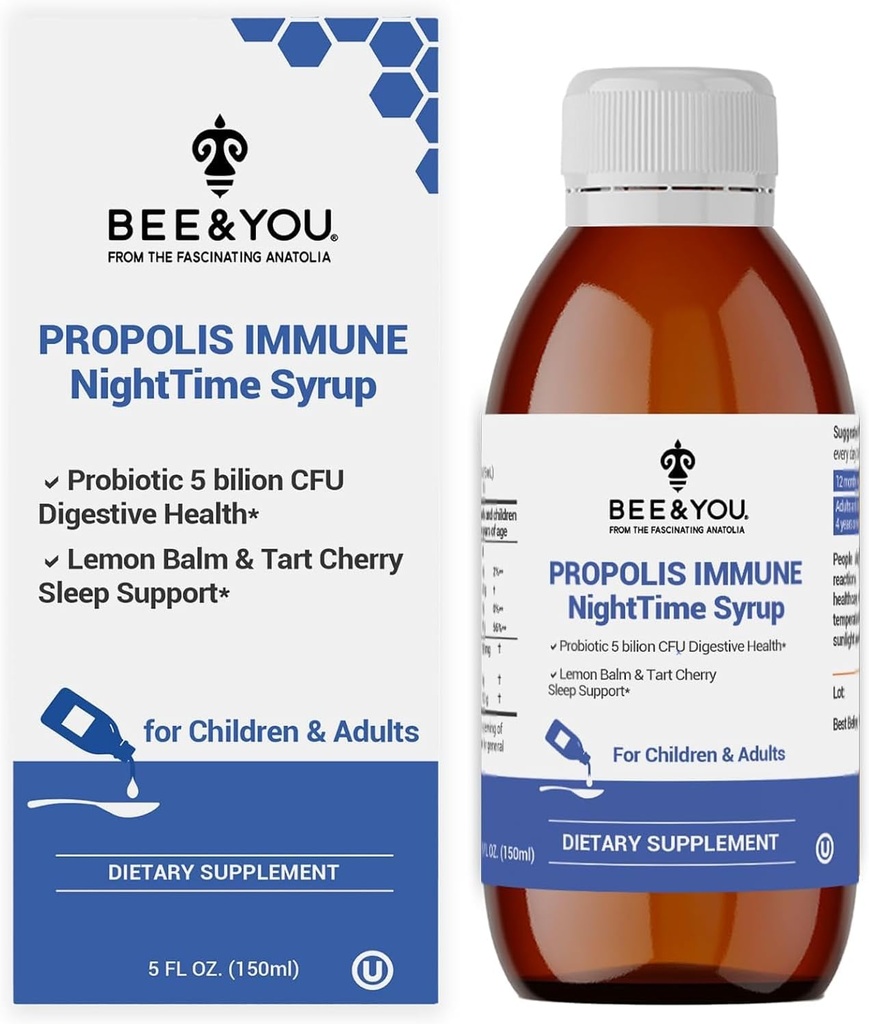 Bee and You Propolis Nighttime Sirup s probiotickým, vitamínem C, a Elderberry - Gentle Formule pro dospělé a děti, 5 Fl Oz