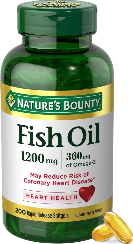 Příroda je Bounty Fish Oil Omega 3 doplňky - Podporuje zdraví srdce, 1200 Mg Fish Oil, Omega-3, 200 Softgels (Balení po 1)