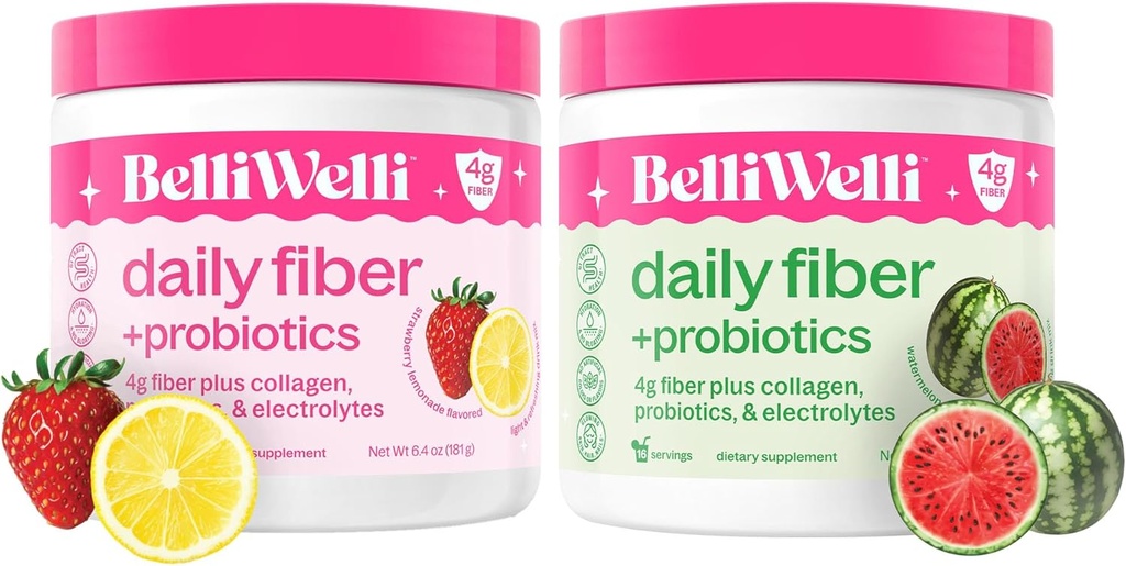 Belli Welli Daily Fiber Supplement Bundle - Strawberry Lemonade & Watermeloun - Collagen, Probiotika & Electrolytes for Balanced Wellness - Refreshing Flavors, 32 Servings Celkem