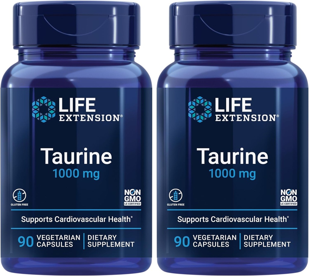 Life Extension Taurin, Čisté Taurin aminokyseliny dodatek, srdce, játra a mozek zdraví, dlouhověkost, svalů a cvičení, 1000 mg dávka, non-GMO, gluten- Free - Two Pack - 90 Vegetariánské kapsle x 2