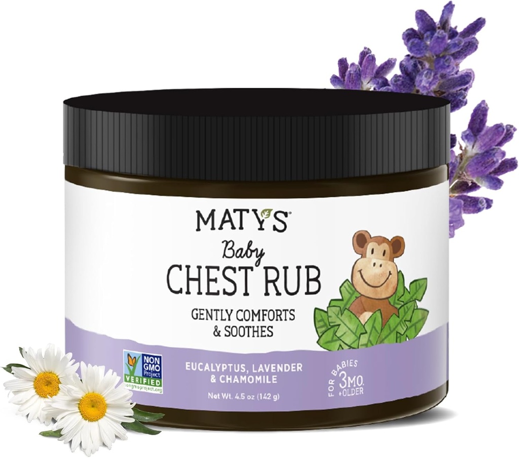 Matys Baby Chest Rub, Soothing Congestion Relief Vapor Rub pro děti 3 měsíce staré +, Clean & Comforting Eucalyptus, Lavender, & Heřmánek pro spánek, non-GMO, Petroleum Free, Menthol Free, 4.5 oz Tub
