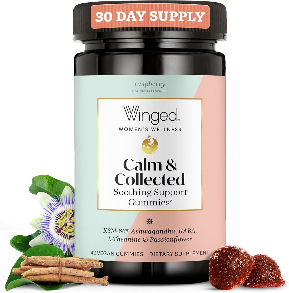 Winged Wellness Calm & Collected, Stress Relief Gummies - Nábytek podpory stresu s KSM- 66 Ashwagandha, L-Theanine, GABA & Passionflower - Vegan & gluten- Free Gummy - Malina, 42 Počet