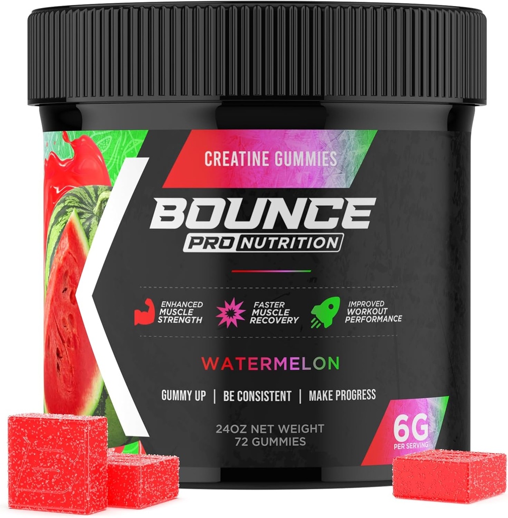 Bounce Pro Creatine Monohydrát Gummie pro muže a ženy, Nízká kalorie, 6G Creatine per Serving, Vegan, Anti- Melting, Gluten- Free, Non- GMO, 2g Creatine per Gummy (72ct, Meloun)