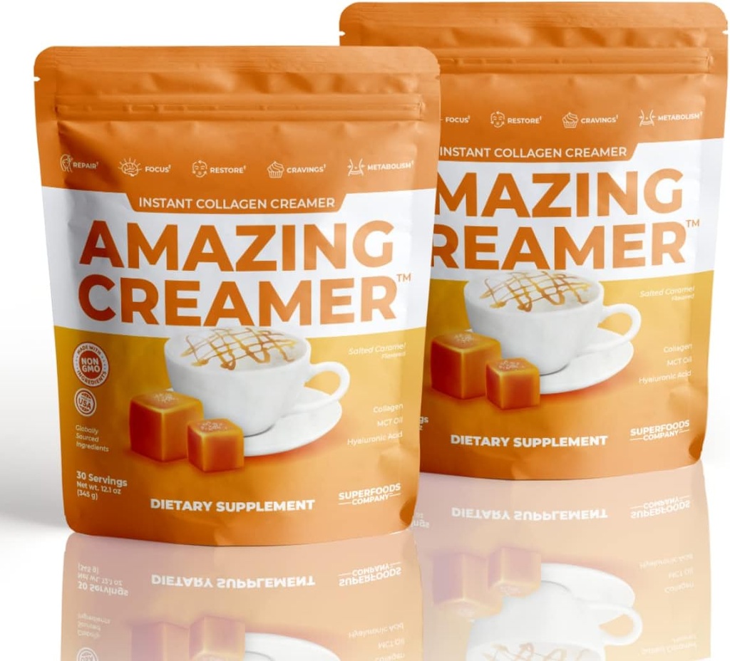 Superfoods Company Amazing Creamer with Collagen - Keto Creather- Hyaluronic Acid & MCT Oil - Brain Boost & Cembly Crawings - Podporuje zdravou pleť & vlasy - Diet- Friendly [60 Služeb] [Slaný karamel]