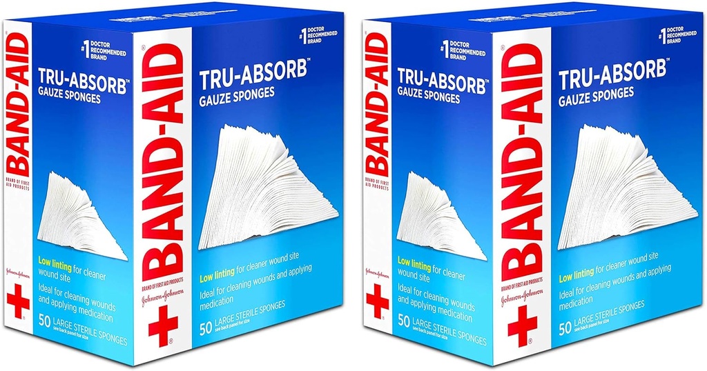 Band Aid Brand First Aid Products Tru-Absorb Sterile Gauze Sponges for Cleaning and Cushioning Wounds, Low- Lint Design, 4 palce o 4 palce, 50 Počet (Pack of 2)