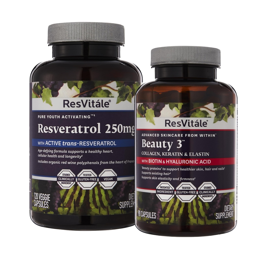ResVitale Beauty 3 - Doplněk pro péči o pleť s kolagenem, keratinem a elastinem - 90 Kapsle & Resveratrol 250 mg - Doplněk pro Resveratrol pro muže a ženy - 120 Veggie Kapsle