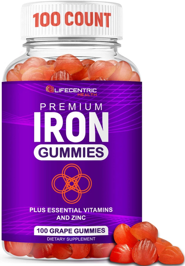 LifeCentricHealth Železné gumy pro dospělé a děti 124; Biotin zink Vitamin B Folic Acid Gummies 124; Vegan gluten zdarma pro ženy a muže