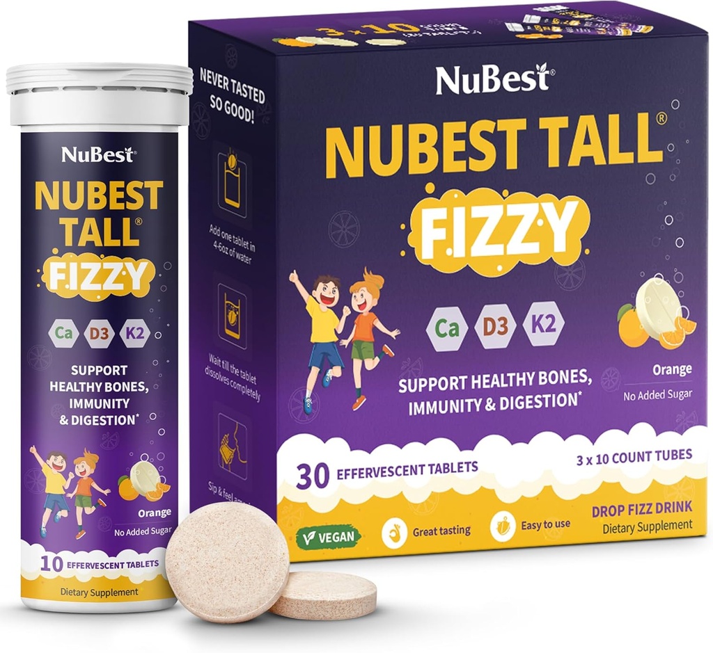 NuBest Tall Fizzy - síla kostí, imunita, trávicí zdraví pro děti věku 4 + & dospívající 124; Probiotický, vápník, hořčík z červených mořských řas, Vitamíny 124; 30 Orange Effervescent tablety 124; Balení 3