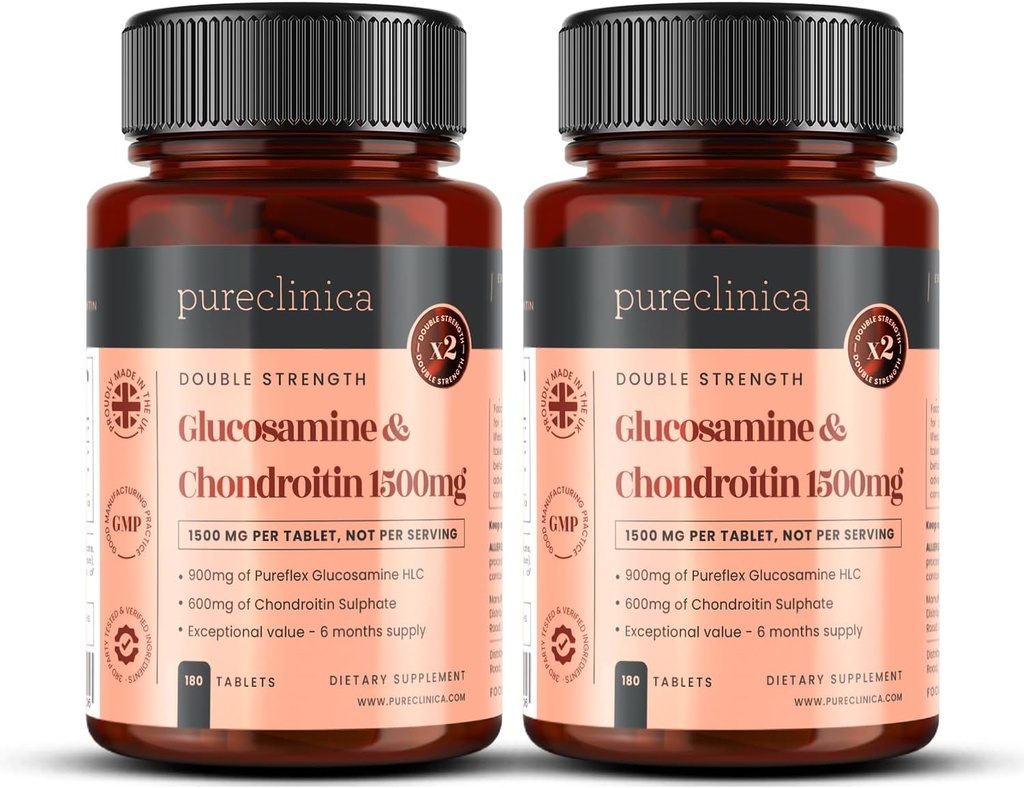 pureclinica 1500mg Glucosamine HLC a Chondroitin x 360 tablet (2 láhve 180) - 12 měsíců. Nejúčinnější a bio aktivní: Chondroitin 90%, Glucosamin HCL 83,1%